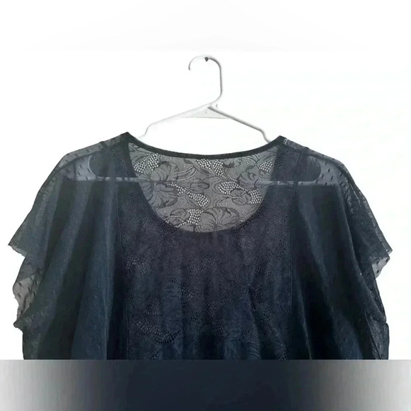 Free People Blue Floral Lace Stretchy Mesh Blouse Top Raglan Short Sleeve Sz S/P - Picture 9 of 12